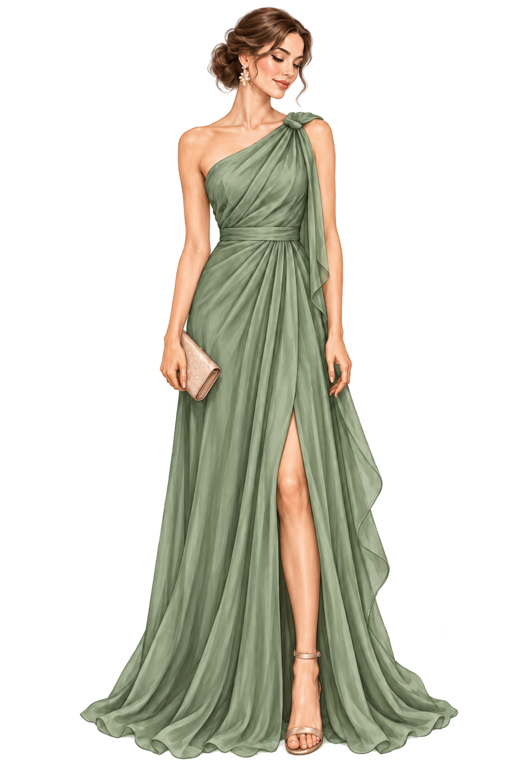 Ilustración de mujer con vestido largo verde oliva a un hombro