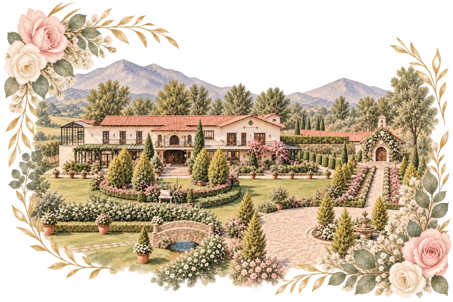 Hacienda San Sebastián con jardines, fuente y entrada principal