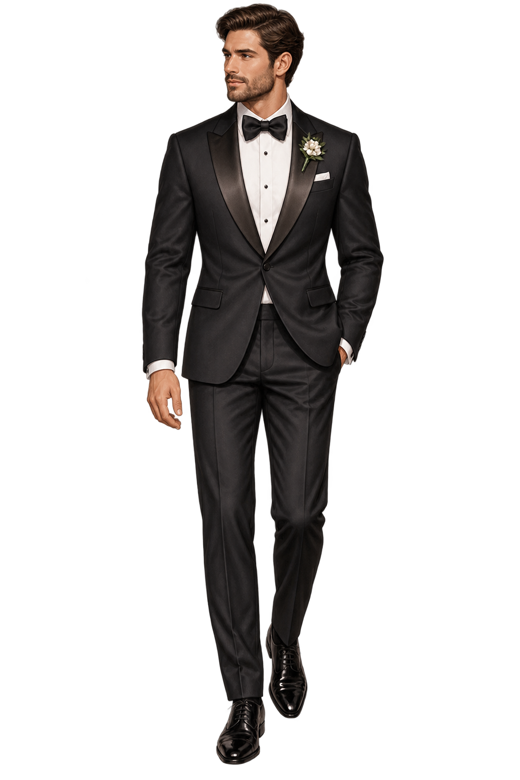 Ilustración de hombre con smoking negro, pajarita negra y boutonnière blanco